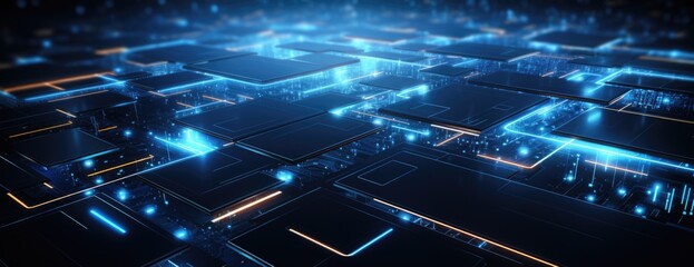 Wallpaper, abstract background, the background of an electronics background has blue lines and lights in it, in the style of dark azure and indigo