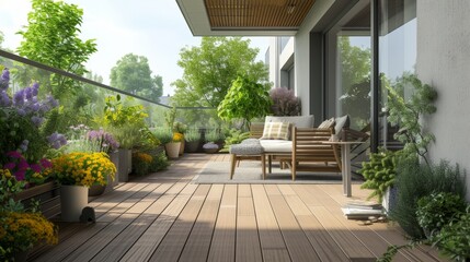 Beautiful of modern terrace with wood deck flooring, green potted flowers plants and outdoors furniture.  