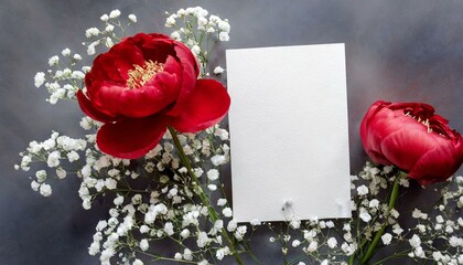 Wedding invitation card mockup with red peony and gypsophila flowers, top view, pink copy space