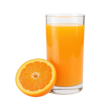 glass of 100% fresh organic clementine juice with sacs and sliced fruits png isolated on white background with clipping path. selective focus