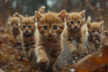 A lively litter of furry felidae frolic through the great outdoors, their tiny paws and twitching whiskers embodying the carefree curiosity of kittenhood