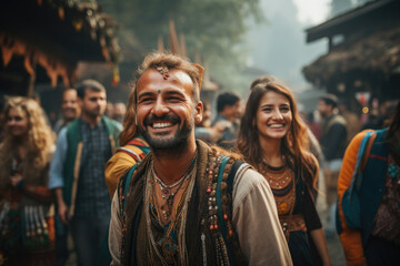 A traveler taking part in a traditional festival, celebrating with locals and embracing new customs. Concept of cultural participation and festive experiences. Generative Ai.