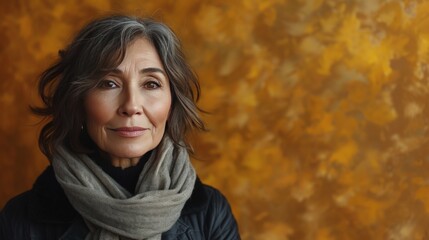 beautiful over 60 years old hispanic woman with shoulder length hair, smiling in front of a golden brown background, 