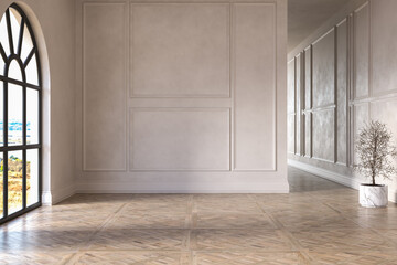 Fototapeta premium Classic empty room interior with white walls, parquet floor and arch window.