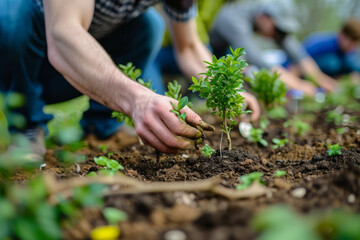 Community members planting trees in a local park, contributing to urban reforestation. Concept of community involvement in environmental preservation. Generative Ai.