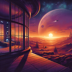 Luxury Sci-Fi Futuristic Design Interior Universe View Apartment Meeting, Living Room of House Space Station with Windows in the Evening Time with a Beautiful View on the Red Planet of Mars for Guests
