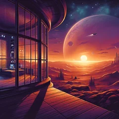 Papier Peint photo Brique Luxury Sci-Fi Futuristic Design Interior Universe View Apartment Meeting, Living Room of House Space Station with Windows in the Evening Time with a Beautiful View on the Red Planet of Mars for Guests