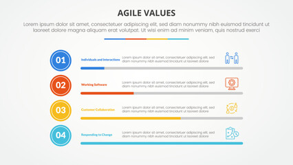 agile values infographic concept for slide presentation with horizontal bar percentage with 4 point list with flat style