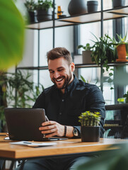 finance employee sitting at his desk in his office and looking at the phone in his hand, a smiling person