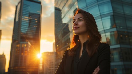 successful hispanic businesswoman standing in big city modern skyscrapers street on sunset 