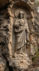 Fototapeta na wymiar jesus christ engraved into mountain wall 