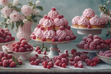 Obraz na płótnie Canvas Indulge in the decadent sweetness of a tray filled with beautifully decorated cupcakes, adorned with creamy buttercream icing, plump raspberries, and hints of pink food coloring, perfect for any dess