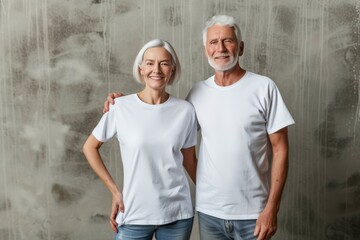 Naklejka na ściany i meble Older mature couple with matching Mockup White t-shirt, blank tshirt