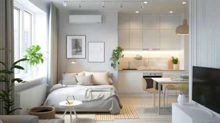 Scandinavian style small studio apartment with stylish design with big window, living room, kitchen space and bed 
