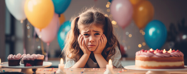 Unhappy child sitting alone at the table on birthday party.