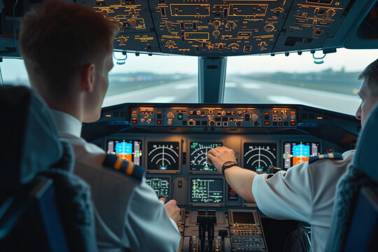  Cockpit with two pilots preparing for takeoff