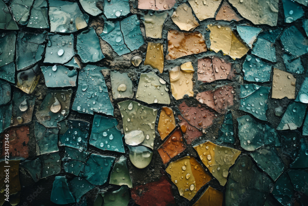 Poster a mosaic made of broken tiles, creating a beautiful image from shattered pieces. concept of creating