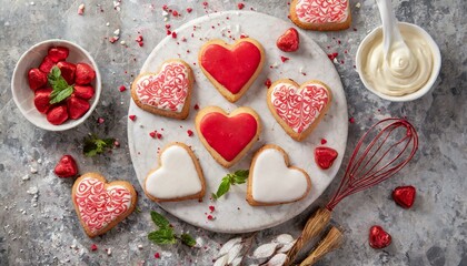 Heart shaped cookies icing for Valentine's day delicious homemade natural pastry 