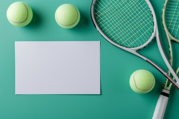 tennis balls and tennis racket with a bright white card 