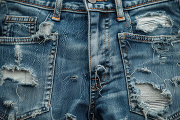 Fototapeta premium A pair of jeans with naturally torn knees, showcasing a personal history of wear and movement. Concept of fashion stories told through wear and tear. Generative Ai.