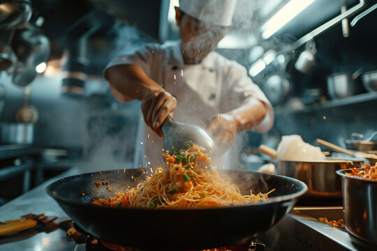 Restaurant kitchen . Asian chef prepares food 