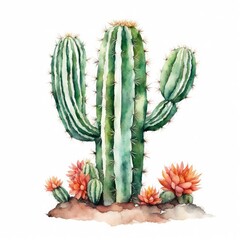 Watercolor cute green color cactus, desert plant, flowering cacti, isolated on white background.