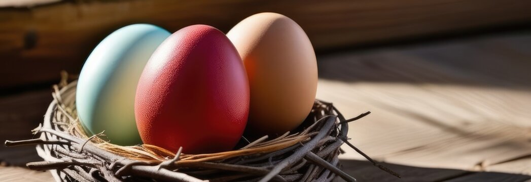 Banner. Easter colored eggs in a nest on a wooden background. Easter holiday concept with copy space. Country style