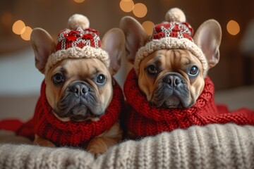 Two festive fawn-colored dogs stay cozy and stylish indoors, sporting adorable red knitted hats and scarves that add a touch of christmas cheer to their pet attire - obrazy, fototapety, plakaty
