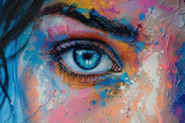 The intense gaze of a female eye in graffiti captures the viewer's attention with its vivid colors and artistic detail..