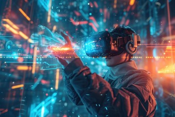 High-tech virtual gaming comes to life in a neon matrix of data and holographic imagery..