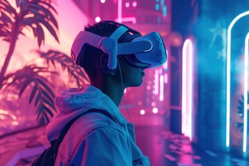 Virtual reality gaming scene with dynamic dimensions, A gamer, adorned with a VR headset, makes a hand gesture to interact with a neon-lit holographic interface in a virtual reality setting..