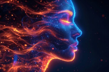 Visual metaphor of emotional healing with flowing neon elements, The visual poetry of flowing neon and starry textures merges in the futuristic and mystical portrait of a woman..