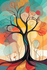 Abstract autumn tree, floral organic shapes background