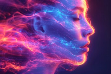 Visual metaphor of emotional healing with flowing neon elements, The face of a woman emerges from the abstract fantasy of neon lights, reflecting a creative and futuristic aesthetic..