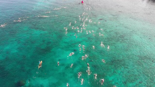 Iron man competition in cozumel, people swimming in the ocean near the coast 