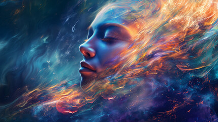 Close-up profile of a woman with her eyes closed surrounded with abstract flame like clouds. Meditation, positive energy.  Copy space, horizontal 16:9