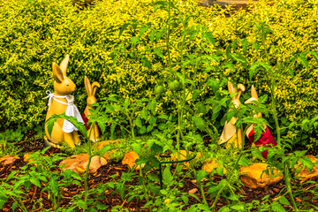 Rabbit statuary yard decorations at Flowering Bridge Garden, Lake Lure North Carolina