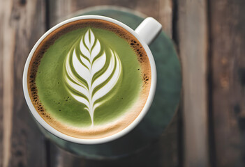 Matcha latte with beautiful latte art on an old wooden table, top view.
