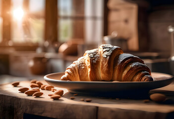 Delicious croissant with almond shavings on a clay plate on the kitchen table