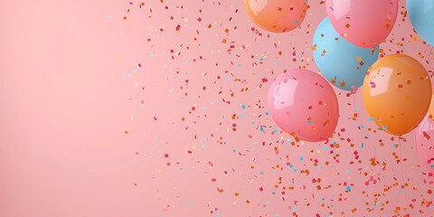 Fototapeta na wymiar Pastel Balloons and Confetti on Pink Background