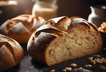 Sliced loaf of handmade wheat bread on the kitchen table