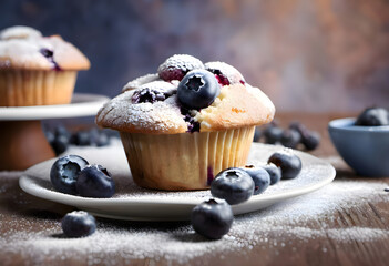 Blueberry muffin and fresh berries on an old wooden background