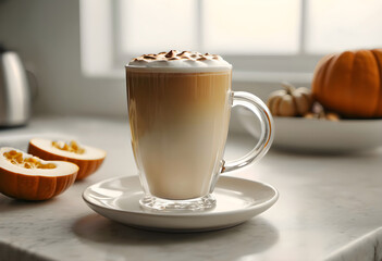 Latte with pumpkin spices and thick foam on the kitchen table