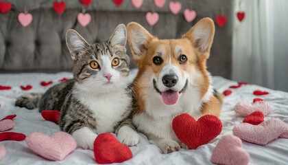 Fototapeta na wymiar Cute corgi dogs and striped cat lie together on the bed surrounded by red and pink hearts