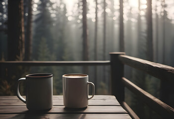 Two cups of coffee on an old wooden table in the forest
