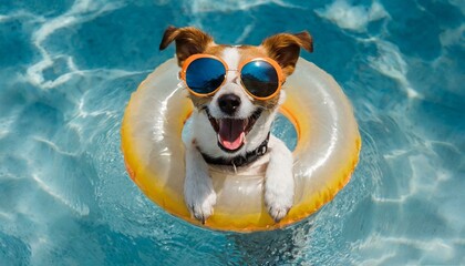 Happy dog with sunglasses and floating ring 