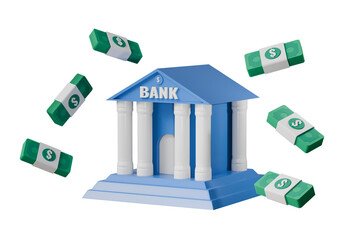 Fototapeta premium 3D bank, banking building and banknote floating icon, business investment finance concept. money transaction security. 3d blue banking minimal cartoon style isolated on pink background. 3d rendering.