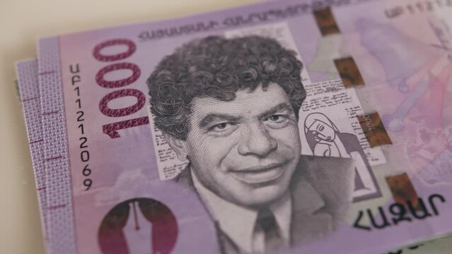 Man Counting Armenian Money Close up, Armenia dram amd banknotes, Tourist Exchgange Money in Bank of the Republic in Yerevan.