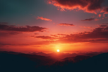 Obraz premium Monochromatic backdrop, sunset over the forested mountain landscape
