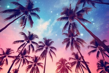 Fototapeta premium Palms silhouettes at neon sunset sky. Night landscape with palm trees on beach. Creative trendy summer tropical background. Vacation travel concept. Retro, synthwave, retrowave style. Rave party